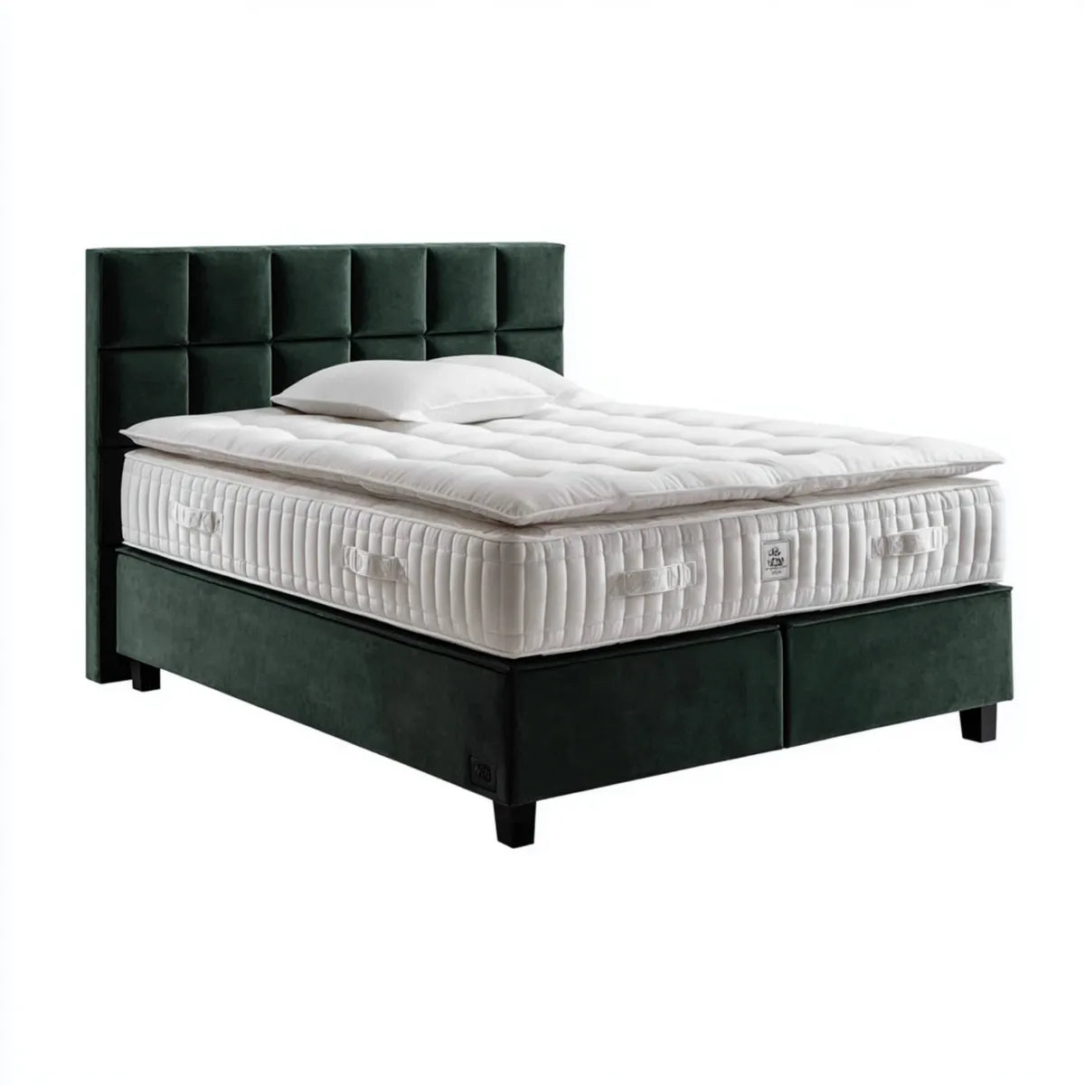Lit double boxspring vert foncé 160 x 200 cm en velours de polyester avec tête de lit capitonnée et matelas