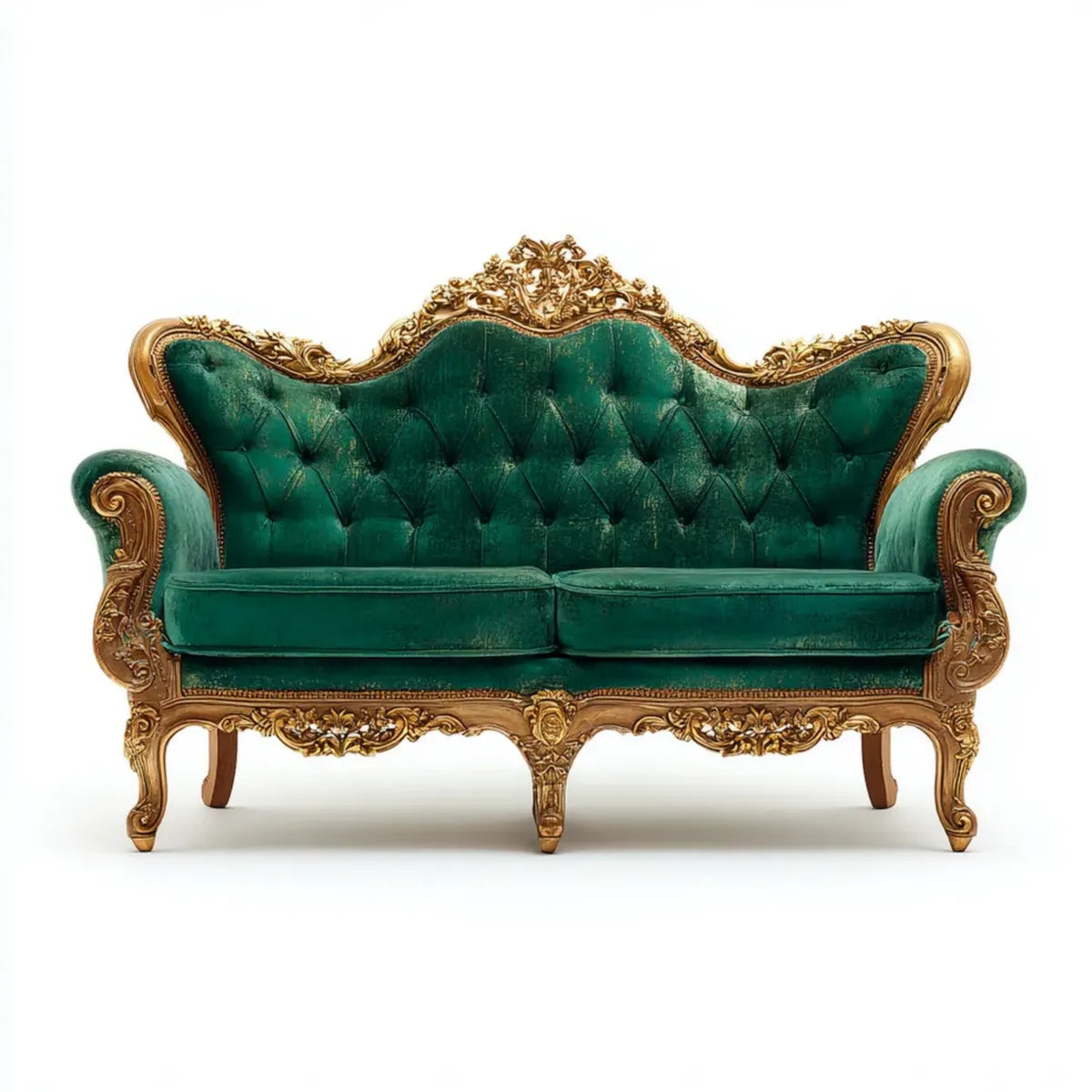 Canapé 2 places capitonné vert émeraude 190 x 85 x 120 cm velours polyester cadre en hêtre sculpté