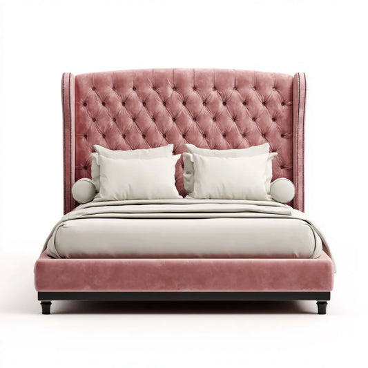 Lit double capitonné rose poudré 160 x 200 cm en polyester forme rectangulaire