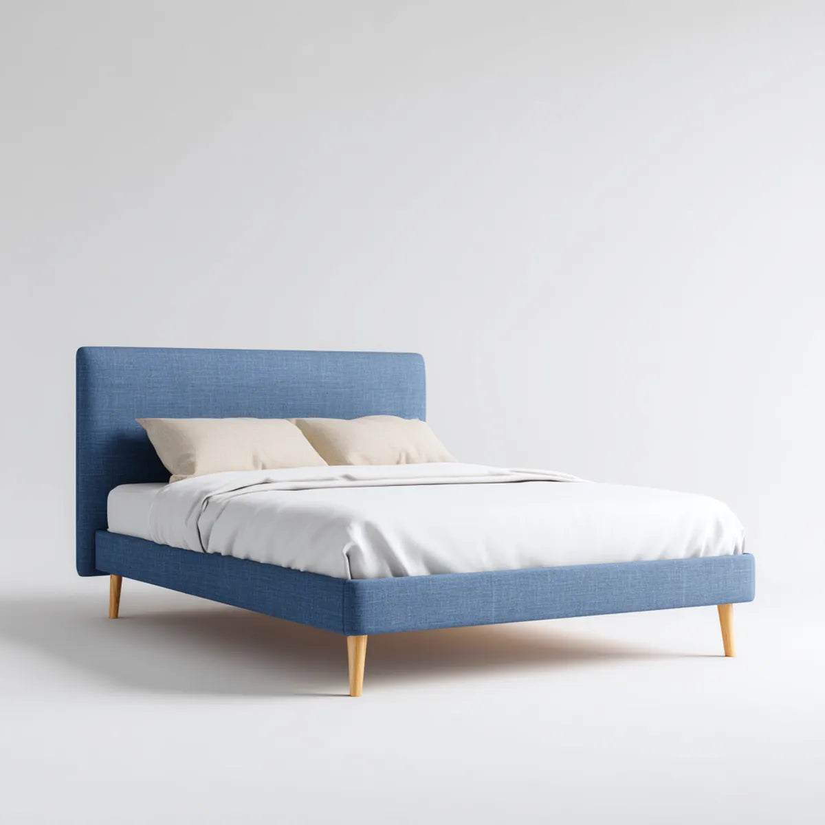 Lit double bleu 160 x 200 cm cadre tapissé en polyester pieds en bois massif rectangulaire