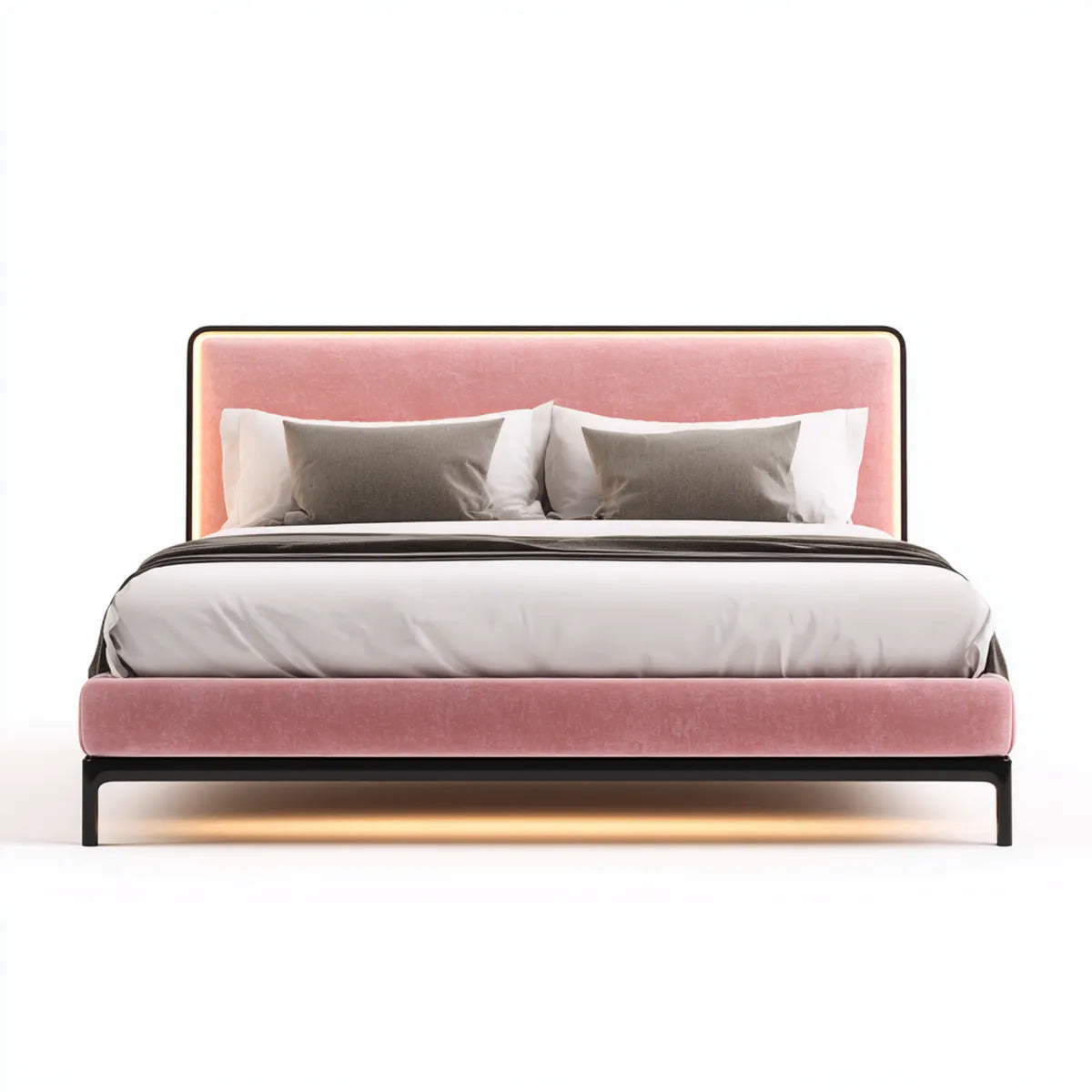 Lit double 160 x 200 cm rose en velours polyester avec cadre rectangulaire en acier