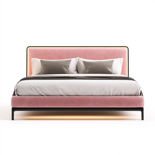 Lit double 160 x 200 cm rose en velours polyester avec cadre rectangulaire en acier