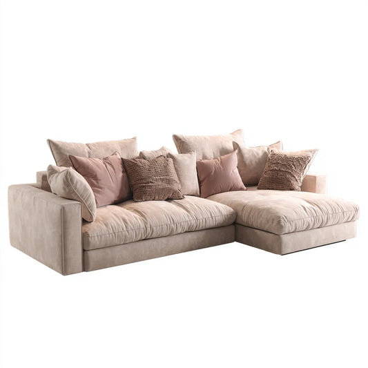 Canapé d’angle 4 places beige en velours de polyester forme L 290 x 180 x 88 cm