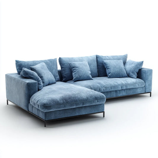 Canapé d’angle gauche 4 places bleu acier en polyester effet velours avec méridienne 280 x 170 x 85 cm
